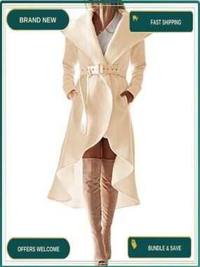 Wool Blend Trench Coat Wrap Large Collar High Low Belted Winter Outwear